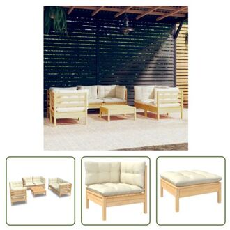 Loungeset Grenenhout - Hoekbank 63.5x63.5x62.5cm - Voetenbank/Tafel 63.5x63.5x28.5cm - Crème kussens