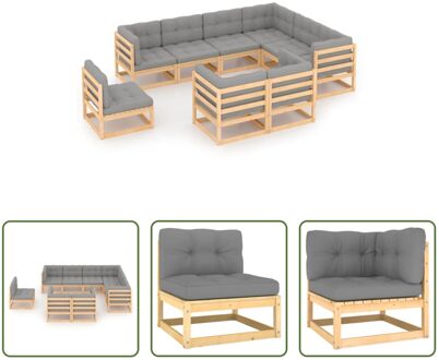 Loungeset Grenenhout - Hoekbank 70x70x67 cm - Middenbank 70x70x67 cm - Grijs kussen - Montage vereist