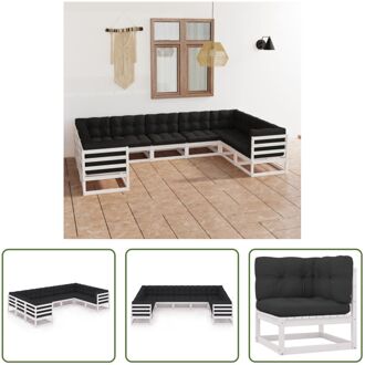 Loungeset - Grenenhout - Hoekbank 70x70x67 cm - Middenbank 70x70x67 cm - Wit - Antraciet kussens