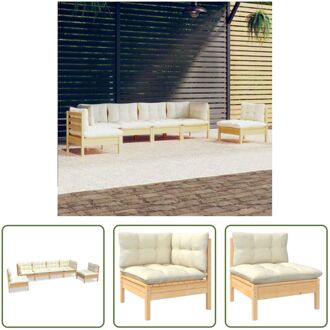 Loungeset Grenenhout - Hoekbank en Middenbank - Crème Kussens - 63.5x63.5x62.5cm - Montage vereist