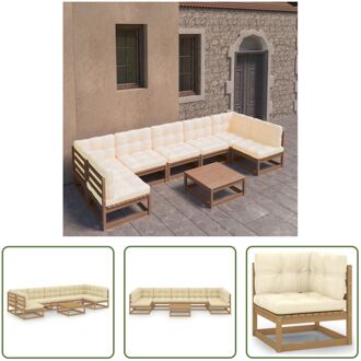 Loungeset Grenenhout - Hoekbank en Middenbank - Tafel - Kussens in Crème - 70x70x67 cm - Montage Bruin