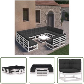 Loungeset Grenenhout - Hoekbank en Middenbank - Tafel - Kussens - Wit - Antraciet - 100% polyester