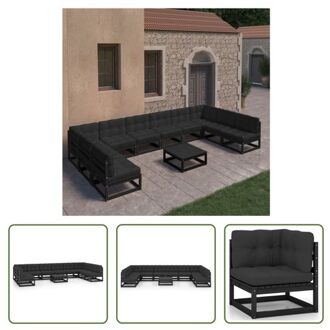 Loungeset Grenenhout - Hoekbank en Middenbank - Zwart - 70 x 70 x 67 cm - Met kussens