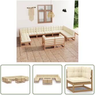 Loungeset Grenenhout - Hoekbank - Middenbank - Crème kussens - 70x70x67 cm Bruin