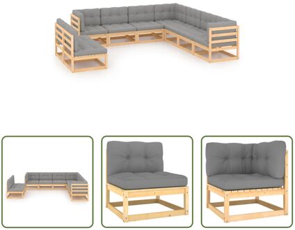 Loungeset Grenenhout - Hoekbank - Middenbank - Grijs - 70 x 70 x 67 cm - Inclusief kussens