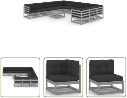 Loungeset Grenenhout - Hoekbank - Middenbank - Tafel - 70x70x67 cm - Grijs - Antraciet-kussen