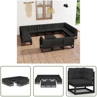 Loungeset Grenenhout - Hoekbank - Middenbank - Tafel - 70x70x67 cm - Zwart - Antraciet - Massief