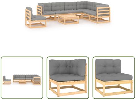 Loungeset Grenenhout - Hoekbank - Middenbank - Tafel - Grijs - 7x Zitkussen - 10x Rugkussen