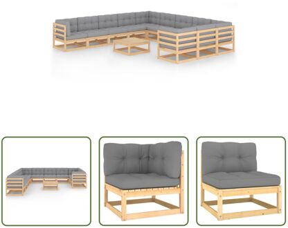 Loungeset Grenenhout - Hoekbank - Middenbank - Tafel - Grijs Kussen - 70x70x67 cm - 70x70x30 cm