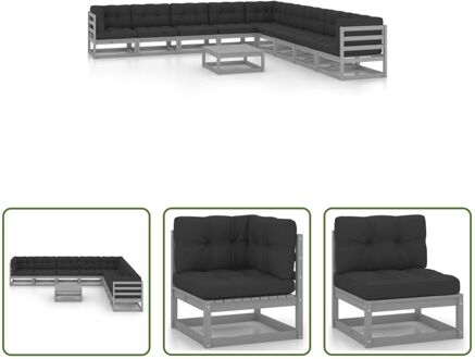 Loungeset Grenenhout - Hoekbank - Middenbank - Tafel - Kussens - Grijs/Antraciet - 70x70x67cm