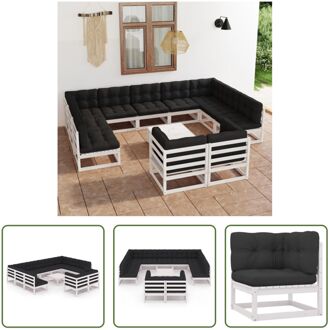 Loungeset - Grenenhout - Hoekbank - Middenbank - Tafel - Wit - 70x70x67cm - Inclusief kussens - 4