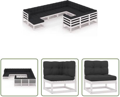 Loungeset Grenenhout - Hoekbank - Middenbank - Voetenbank - 70x70x67cm - Wit - Antraciet Kussen