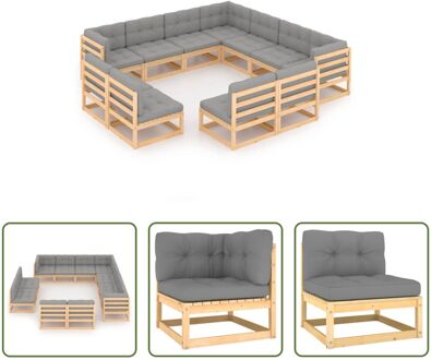 Loungeset Grenenhout - Hoekbank + Middenbank - Grijs - 70x70x67 cm - Incl - Kussens