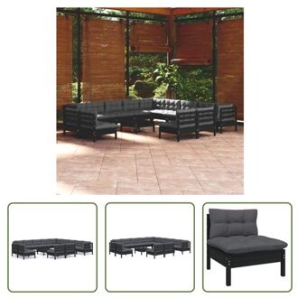 Loungeset Grenenhout Hoekbank + Middenbank + Voetenbank/Tafel - Zwart - 63.5x63.5x62.5cm - Incl