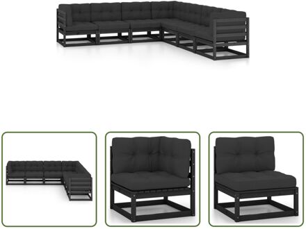 Loungeset - Grenenhout - Hoekbank + Middenbank - Zwart - Antraciete Kussens - 70x70x67 cm