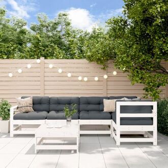 Loungeset Grenenhout - Wit - 2x middenbank - 3x tuinstoel - 1x voetenbank/salontafel