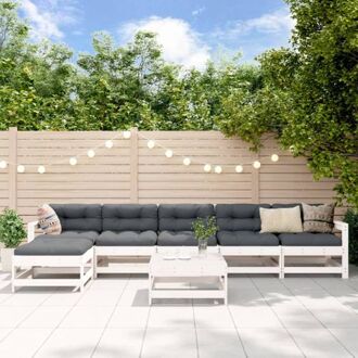 Loungeset Grenenhout - Wit - 3x middenbank - 2x tuinstoel - 2x voetenbank/salontafel