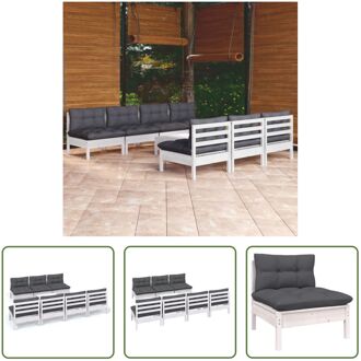 Loungeset - Grenenhout - Wit - 7x Middenbank - 1x Voetenbank/Tafel - 8x Zitkussen - 7x Rugkussen