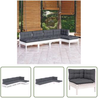 Loungeset Grenenhout - Wit - Hoek/Middenbank 63.5x63.5x62.5cm - Voetenbank 63.5x63.5x28.5cm - Kussens