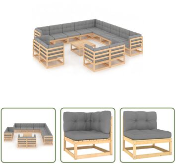 Loungeset Grenenhout XXL - 7 hoekbank - 6 middenbank - 1 tafel - Grijs kussen - Massief grenenhout