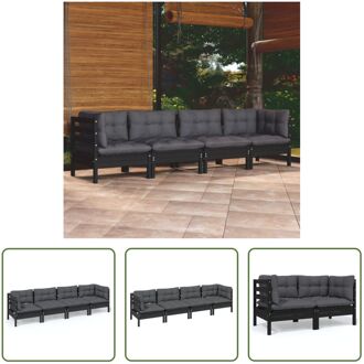 Loungeset - Grenenhout - Zwart - Hoekbank- 63.5 x 63.5 x 62.5 cm - Middenbank- 63.5 x 63.5 x 62.5 cm