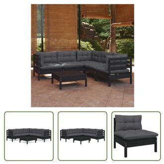 Loungeset Grenenhout - Zwart - Hoekbank 63.5x63.5x62.5cm - Middenbank 63.5x63.5x62.5cm - Tafel