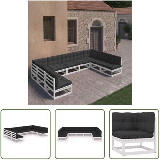 Loungeset Grenenhouten Hoekbank en Middenbank - 70x70x67 cm - Wit - Antraciet kussen