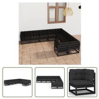 Loungeset Grenenhouten - Hoekbank en Middenbank - Zwart - 70 x 70 x 67 cm - Inclusief Kussens