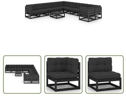 Loungeset Grenenhouten - Hoekbank + Middenbank + Tafel - Zwart - 70x70x67cm - Inclusief Kussens