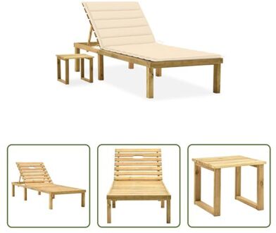 loungeset - houten ligbed met kussen en tafel - verstelbare rugleuning - geïmpregneerd grenenhout - Crème