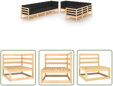 Loungeset Massief Grenenhout - 4x Middenbank - 5x Hoekbank - 70x70x67 cm - Antraciet kussen Grijs