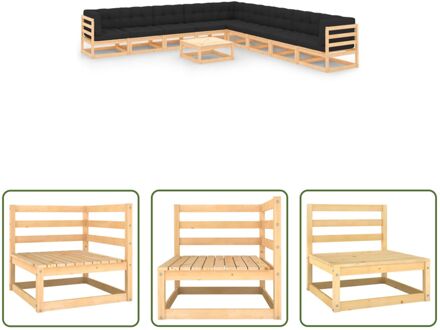 Loungeset - Massief grenenhout - 6 middenbanken - 3 hoekbanken - 1 tafel - Antraciet kussens - Grijs