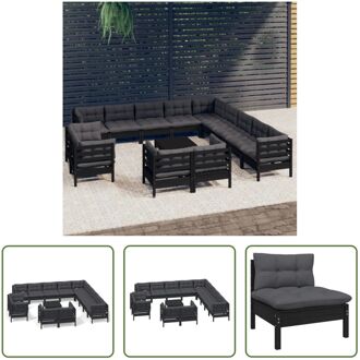 Loungeset Massief Grenenhout - 7x Hoekbank - 6x Middenbank - 1x Voetenbank/Tafel - Zwart