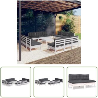 Loungeset - massief grenenhout - wit - 12x middenbank - 1x voetenbank/tafel - 13x zitkussen - 12x