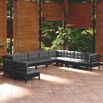 loungeset - massief grenenhout - zwarte kleur - 3 hoekbanken - 7 middenbanken - 10 zitkussens - 13