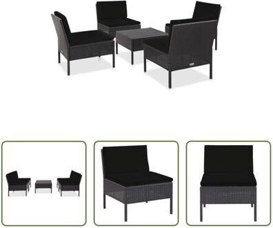 Loungeset - Modulair - PE-rattan - Gepoedercoat stalen frame - Zwart/katoen - 5-delig