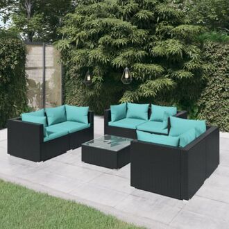 Loungeset Outdoor - Hoekbank - Zwart - 70x70x60.5 - Waterblauwe kussens - Modulair design