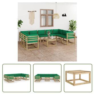 Loungeset Pallet - 4 hoekbanken - 5 middenbanken - 1 tafel - 64x64x70 cm - Groen kussen - Grenenhout