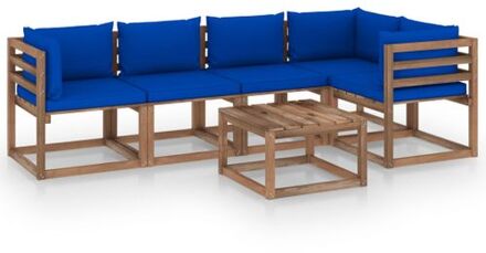 Loungeset Pallet - Bruin geïmpregneerd grenenhout - Hoekbank 64x64x70 cm - Middenbank 60x64x70 cm - Blauw
