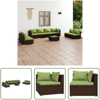 Loungeset - PE-rattan - 6x middenbank - 2x hoekbank - 1x tafel - Bruin - Groene kussens