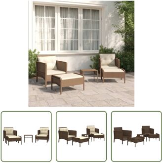 Loungeset PE-rattan - Bruin - 2 Stoelen - 2 Voetenbanken - 1 Tafel - Witte kussens - Duurzaam