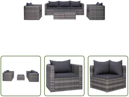 Loungeset - PE Rattan - Grijs - 2 hoekbanken - 1 middenbank - 2 zitstoelen - 1 salontafel