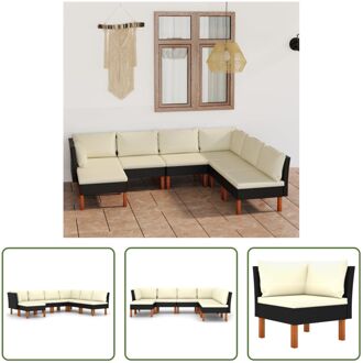 Loungeset - PE-rattan - Staal - Eucalyptushout - Zwart - 7x zitkussen - 8x rugkussen