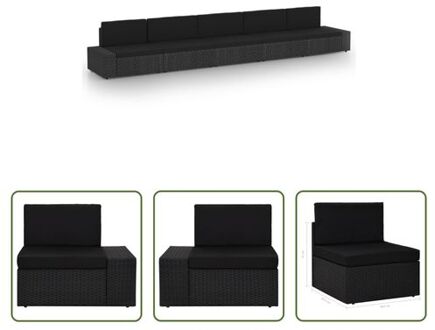 Loungeset - PE-rattan Zwart - Modulair - 3x Middenbank - 2x Hoekbank - Kussens 8cm - Montage vereist