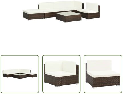 Loungeset - Poly rattan - 1 Hoekbank + 3 Middenbanken + 1 Salontafel + 1 Hocker - Bruin Rattan - PE