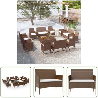 Loungeset Poly Rattan - 2-zitsbanken - armstoelen - tafel en kussens - Bruin en crèmewit - Montage