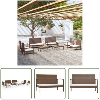 Loungeset Poly Rattan - Bruin - 2-zitsbank - Armstoel - Tafel - 5 cm dik kussen - Montage vereist