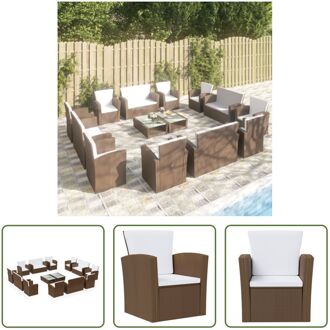 Loungeset Poly Rattan - Bruin - 4x tafel - 4x 2-zitsbank - 8x armstoel - 12x zitkussen - 12x