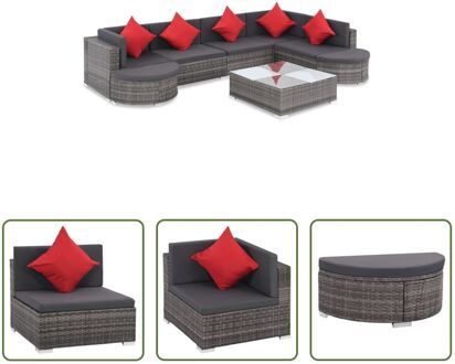 Loungeset Poly Rattan Grijs - 2 Hoekbanken 3 Middenbanken - Salontafel - 2 Halfronde Krukken - Rode