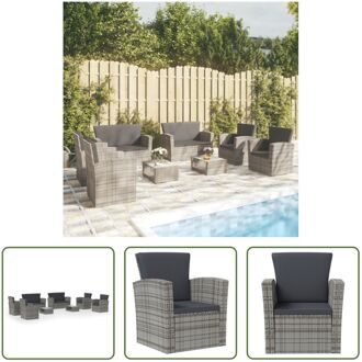 Loungeset Poly Rattan - Grijs - 2 tafels - 2 tweezitsbanken - 4 armstoelen - 85x49.5x35 cm - Montage